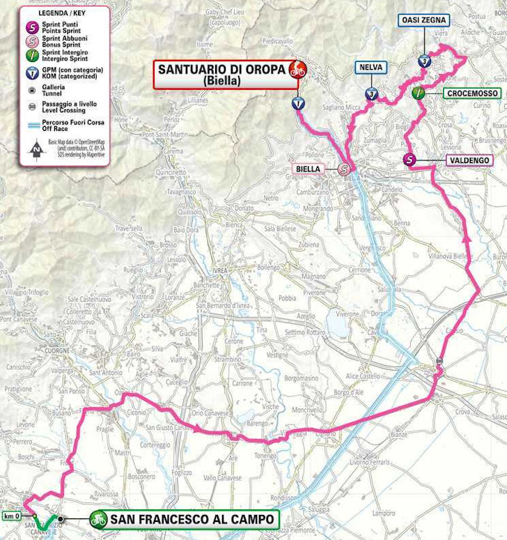 Giro 2024 Route stage 2 San Fransesco al Campo Oropa